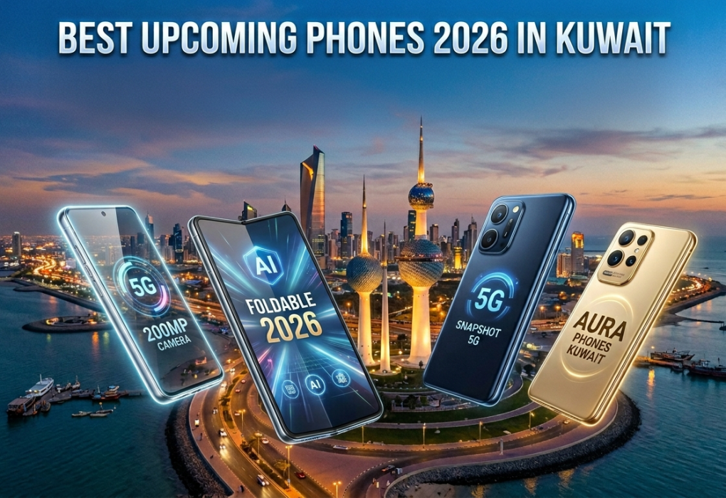 A promotional graphic titled "BEST UPCOMING PHONES 2026 IN KUWAIT" featuring a stunning panoramic background of the Kuwait City skyline and the iconic Kuwait Towers at sunset. Floating in the foreground are four futuristic smartphones showcasing advanced features. From left to right: a sleek phone highlighting a "5G" and "200MP CAMERA", a foldable device displaying "AI FOLDABLE 2026", a dark blue smartphone labeled "5G SNAPSHOT", and a premium gold-finished smartphone with the text "AURA PHONES KUWAIT" engraved o