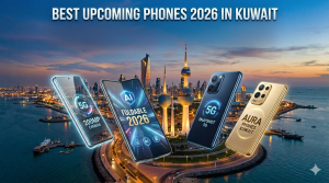 A promotional graphic titled "BEST UPCOMING PHONES 2026 IN KUWAIT" featuring a stunning panoramic background of the Kuwait City skyline and the iconic Kuwait Towers at sunset. Floating in the foreground are four futuristic smartphones showcasing advanced features. From left to right: a sleek phone highlighting a "5G" and "200MP CAMERA", a foldable device displaying "AI FOLDABLE 2026", a dark blue smartphone labeled "5G SNAPSHOT", and a premium gold-finished smartphone with the text "AURA PHONES KUWAIT" engraved o
