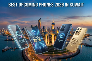 A promotional graphic titled "BEST UPCOMING PHONES 2026 IN KUWAIT" featuring a stunning panoramic background of the Kuwait City skyline and the iconic Kuwait Towers at sunset. Floating in the foreground are four futuristic smartphones showcasing advanced features. From left to right: a sleek phone highlighting a "5G" and "200MP CAMERA", a foldable device displaying "AI FOLDABLE 2026", a dark blue smartphone labeled "5G SNAPSHOT", and a premium gold-finished smartphone with the text "AURA PHONES KUWAIT" engraved o