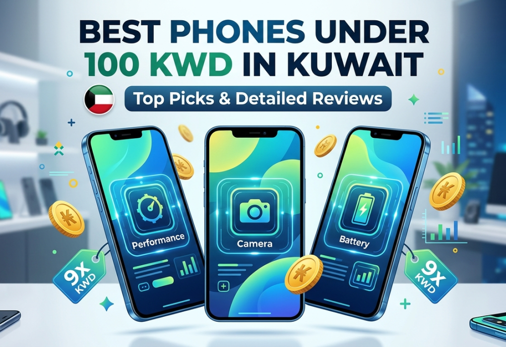 A promotional blog image with three modern smartphones displaying Performance, Camera, and Battery icons, titled 'Best Phone Under 100 KWD in Kuwait' with the Kuwait flag and scattered gold coins, set against an office and electronics store background