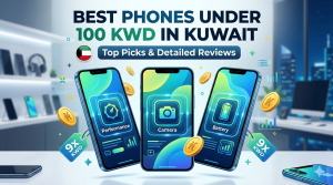A promotional blog image with three modern smartphones displaying Performance, Camera, and Battery icons, titled 'Best Phone Under 100 KWD in Kuwait' with the Kuwait flag and scattered gold coins, set against an office and electronics store background
