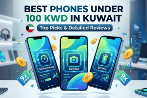 A promotional blog image with three modern smartphones displaying Performance, Camera, and Battery icons, titled 'Best Phone Under 100 KWD in Kuwait' with the Kuwait flag and scattered gold coins, set against an office and electronics store background