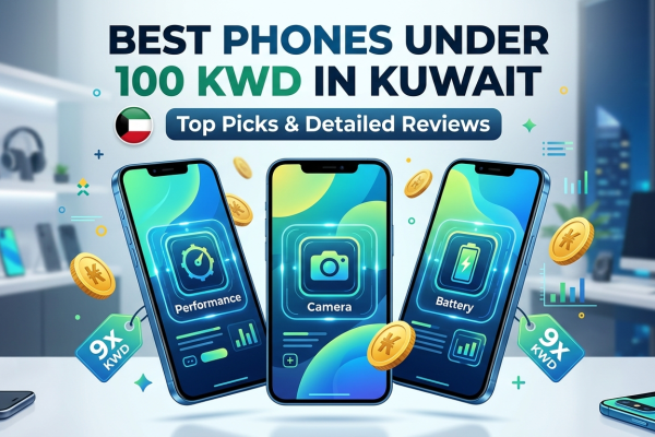 A promotional blog image with three modern smartphones displaying Performance, Camera, and Battery icons, titled 'Best Phone Under 100 KWD in Kuwait' with the Kuwait flag and scattered gold coins, set against an office and electronics store background