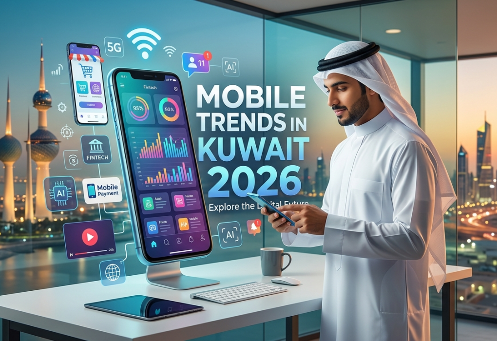 A modern blog feature image with the text 'Mobile Trends in Kuwait 2026'. The image shows a Kuwaiti man in traditional attire looking at his smartphone in a futuristic office, with a large holographic mobile screen displaying data analytics, fintech icons, 5G, and AI symbols. In the background, the iconic Kuwait Towers and Kuwait City skyline are visible during twilight.