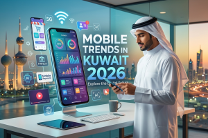 A modern blog feature image with the text 'Mobile Trends in Kuwait 2026'. The image shows a Kuwaiti man in traditional attire looking at his smartphone in a futuristic office, with a large holographic mobile screen displaying data analytics, fintech icons, 5G, and AI symbols. In the background, the iconic Kuwait Towers and Kuwait City skyline are visible during twilight.