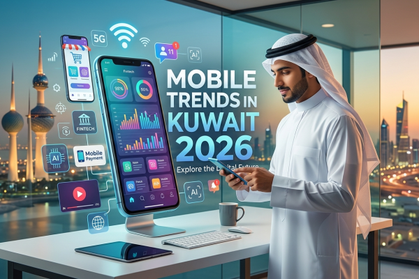 A modern blog feature image with the text 'Mobile Trends in Kuwait 2026'. The image shows a Kuwaiti man in traditional attire looking at his smartphone in a futuristic office, with a large holographic mobile screen displaying data analytics, fintech icons, 5G, and AI symbols. In the background, the iconic Kuwait Towers and Kuwait City skyline are visible during twilight.