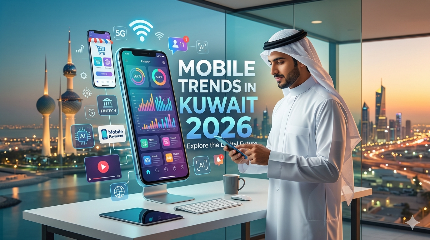 A modern blog feature image with the text 'Mobile Trends in Kuwait 2026'. The image shows a Kuwaiti man in traditional attire looking at his smartphone in a futuristic office, with a large holographic mobile screen displaying data analytics, fintech icons, 5G, and AI symbols. In the background, the iconic Kuwait Towers and Kuwait City skyline are visible during twilight.
