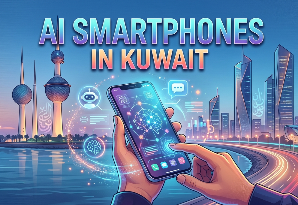An illustration of a hand holding a glowing AI Smartphone in Kuwait, with the Kuwait Towers and a modern cityscape at dusk in the background, featuring floating holographic icons of a robot assistant and brain network, and text reading "AI SMARTPHONES IN KUWAIT
