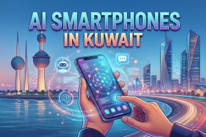 An illustration of a hand holding a glowing AI Smartphone in Kuwait, with the Kuwait Towers and a modern cityscape at dusk in the background, featuring floating holographic icons of a robot assistant and brain network, and text reading "AI SMARTPHONES IN KUWAIT