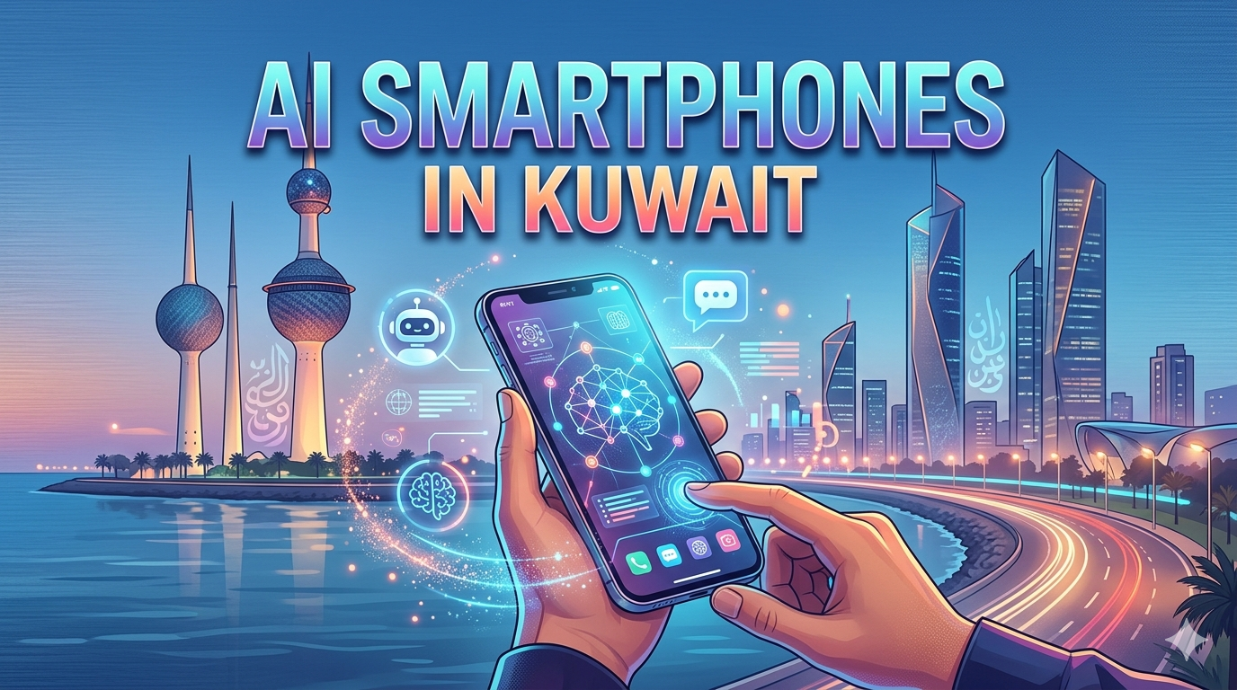 An illustration of a hand holding a glowing AI Smartphone in Kuwait, with the Kuwait Towers and a modern cityscape at dusk in the background, featuring floating holographic icons of a robot assistant and brain network, and text reading "AI SMARTPHONES IN KUWAIT