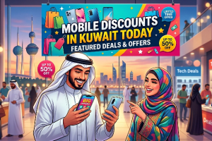 An eye-catching, vibrant illustration featuring a man in traditional Kuwaiti attire and a woman wearing a colorful hijab, both smiling while holding smartphones in a tech store. Above them, a large promotional banner reads "Mobile Discounts in Kuwait Today: Featured Deals & Offers" with badges highlighting "Up to 50% Off" and "Limited Time Offer." The background shows other shoppers browsing tech displays, with a large window revealing the Kuwait Towers and the city skyline at sunset