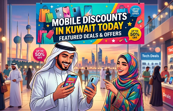 An eye-catching, vibrant illustration featuring a man in traditional Kuwaiti attire and a woman wearing a colorful hijab, both smiling while holding smartphones in a tech store. Above them, a large promotional banner reads "Mobile Discounts in Kuwait Today: Featured Deals & Offers" with badges highlighting "Up to 50% Off" and "Limited Time Offer." The background shows other shoppers browsing tech displays, with a large window revealing the Kuwait Towers and the city skyline at sunset