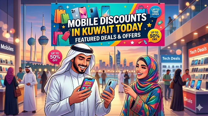 An eye-catching, vibrant illustration featuring a man in traditional Kuwaiti attire and a woman wearing a colorful hijab, both smiling while holding smartphones in a tech store. Above them, a large promotional banner reads "Mobile Discounts in Kuwait Today: Featured Deals & Offers" with badges highlighting "Up to 50% Off" and "Limited Time Offer." The background shows other shoppers browsing tech displays, with a large window revealing the Kuwait Towers and the city skyline at sunset