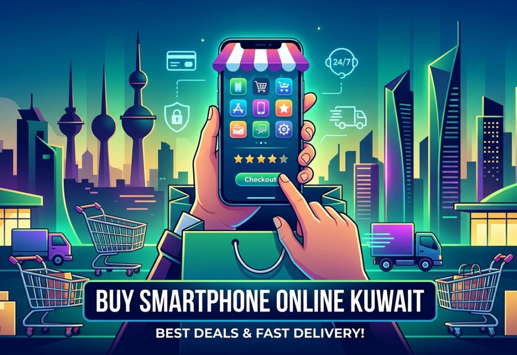 An illustrative banner featuring a hand holding a mobile phone to buy smartphone online Kuwait, with a backdrop of the Kuwait city skyline and shopping carts.