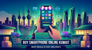 An illustrative banner featuring a hand holding a mobile phone to buy smartphone online Kuwait, with a backdrop of the Kuwait city skyline and shopping carts.