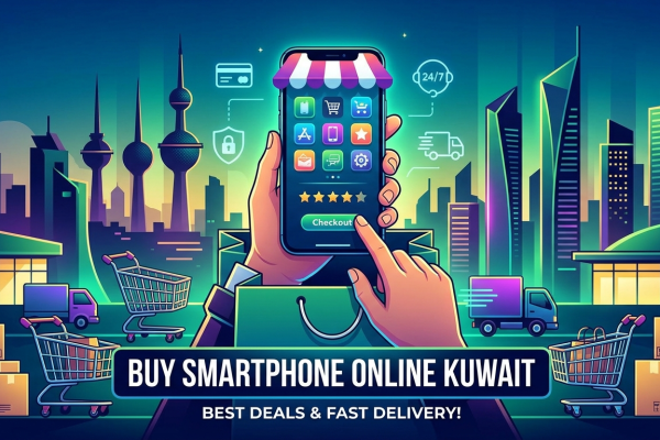 An illustrative banner featuring a hand holding a mobile phone to buy smartphone online Kuwait, with a backdrop of the Kuwait city skyline and shopping carts.