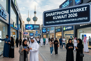 A close-up shot of modern premium smartphones displayed side-by-side, reflecting the latest trends in the Smartphone Market Kuwait 2026, highlighting sleek designs and advanced multi-camera systems