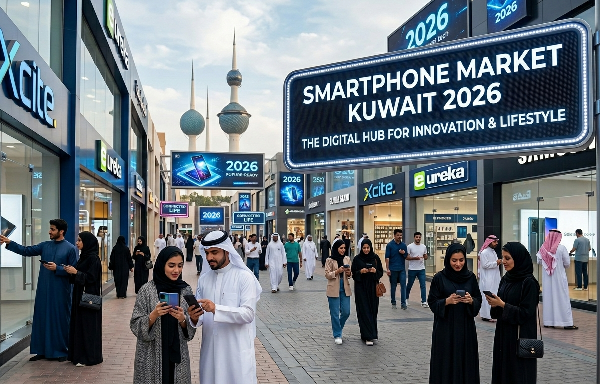 A close-up shot of modern premium smartphones displayed side-by-side, reflecting the latest trends in the Smartphone Market Kuwait 2026, highlighting sleek designs and advanced multi-camera systems
