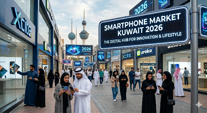 A close-up shot of modern premium smartphones displayed side-by-side, reflecting the latest trends in the Smartphone Market Kuwait 2026, highlighting sleek designs and advanced multi-camera systems