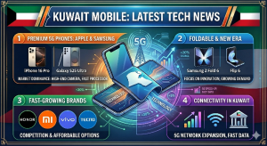 An infographic banner highlighting the Latest Tech News of Kuwait Mobiles, featuring segments on premium 5G phones like Apple iPhone 16 Pro and Samsung Galaxy S25 Ultra, foldable smartphones, fast-growing brands like Honor, Xiaomi, Vivo, and Tecno, and Kuwait's 5G network expansion