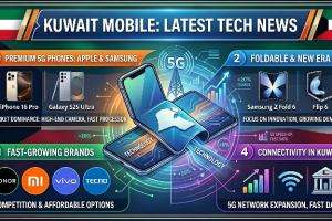 An infographic banner highlighting the Latest Tech News of Kuwait Mobiles, featuring segments on premium 5G phones like Apple iPhone 16 Pro and Samsung Galaxy S25 Ultra, foldable smartphones, fast-growing brands like Honor, Xiaomi, Vivo, and Tecno, and Kuwait's 5G network expansion