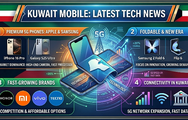 An infographic banner highlighting the Latest Tech News of Kuwait Mobiles, featuring segments on premium 5G phones like Apple iPhone 16 Pro and Samsung Galaxy S25 Ultra, foldable smartphones, fast-growing brands like Honor, Xiaomi, Vivo, and Tecno, and Kuwait's 5G network expansion