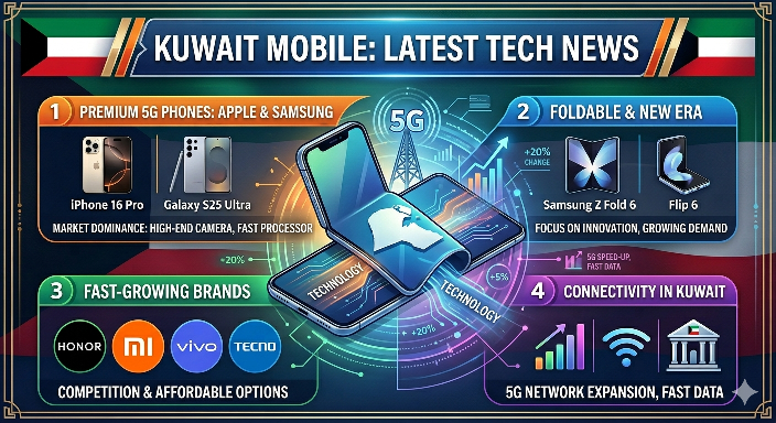An infographic banner highlighting the Latest Tech News of Kuwait Mobiles, featuring segments on premium 5G phones like Apple iPhone 16 Pro and Samsung Galaxy S25 Ultra, foldable smartphones, fast-growing brands like Honor, Xiaomi, Vivo, and Tecno, and Kuwait's 5G network expansion