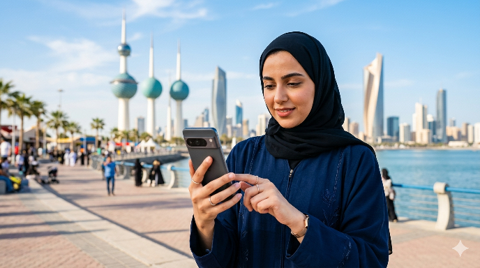 A young Arab woman in a hijab using her smartphone outdoors, performing a Hands On Smartphone Review in Kuwait with the iconic Kuwait Towers and city skyline in the background