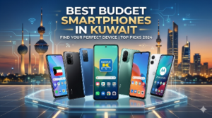 A lineup of various Android mobile phones showcased against a Kuwait city skyline, featuring text for the best smartphone under budget in Kuwait