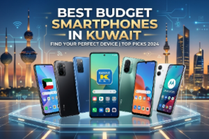 A lineup of various Android mobile phones showcased against a Kuwait city skyline, featuring text for the best smartphone under budget in Kuwait