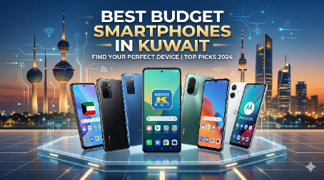 A lineup of various Android mobile phones showcased against a Kuwait city skyline, featuring text for the best smartphone under budget in Kuwait