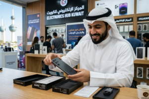 A smiling man in a white thobe and ghutra unboxes a black smartphone (Smartphone Unboxing in Kuwait) inside an electronics store. The display behind him reads "ELECTRONICS HUB KUWAIT." The Kuwait Towers are visible through the window
