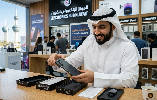 A smiling man in a white thobe and ghutra unboxes a black smartphone (Smartphone Unboxing in Kuwait) inside an electronics store. The display behind him reads "ELECTRONICS HUB KUWAIT." The Kuwait Towers are visible through the window
