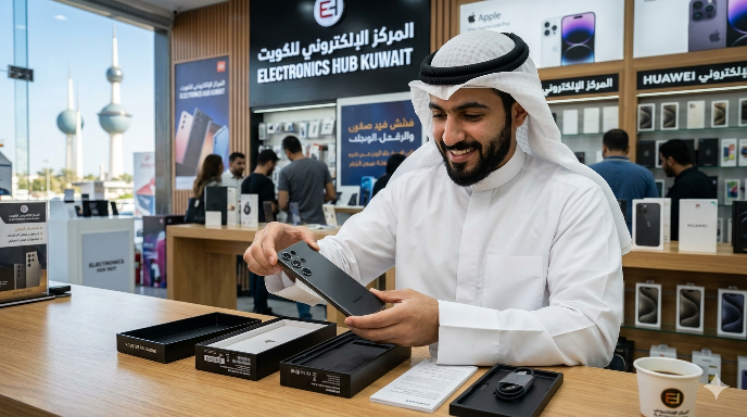 A smiling man in a white thobe and ghutra unboxes a black smartphone (Smartphone Unboxing in Kuwait) inside an electronics store. The display behind him reads "ELECTRONICS HUB KUWAIT." The Kuwait Towers are visible through the window