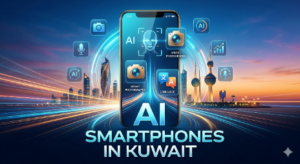 Promotional graphic for AI Smartphones in Kuwait, featuring a futuristic smartphone with AI, camera, voice, and translation icons, set against the Kuwait skyline with glowing digital light trails.