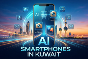 Promotional graphic for AI Smartphones in Kuwait, featuring a futuristic smartphone with AI, camera, voice, and translation icons, set against the Kuwait skyline with glowing digital light trails.