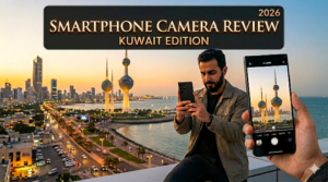A man capturing a sunset skyline of Kuwait City with the iconic Kuwait Towers using a modern phone, featured as a smartphone camera review in Kuwait 2026 edition, with a close-up of the mobile screen displaying the camera view