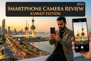 A man capturing a sunset skyline of Kuwait City with the iconic Kuwait Towers using a modern phone, featured as a smartphone camera review in Kuwait 2026 edition, with a close-up of the mobile screen displaying the camera view