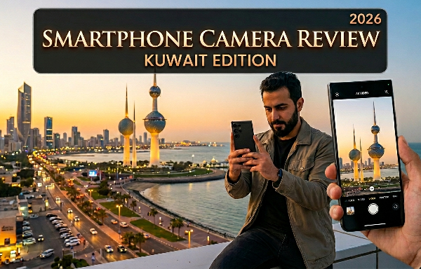 A man capturing a sunset skyline of Kuwait City with the iconic Kuwait Towers using a modern phone, featured as a smartphone camera review in Kuwait 2026 edition, with a close-up of the mobile screen displaying the camera view