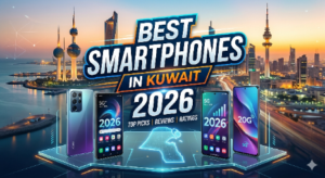 An infographic with the text 'BEST SMARTPHONES IN KUWAIT 2026' against the Kuwait city skyline and multiple smartphone models, including a '20G' labeled phone. It mentions 'TOP PICKS | REVIEWS | RATINGS' and features a glowing map outline of Kuwait on a high-tech platform.