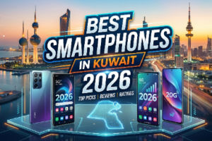 An infographic with the text 'BEST SMARTPHONES IN KUWAIT 2026' against the Kuwait city skyline and multiple smartphone models, including a '20G' labeled phone. It mentions 'TOP PICKS | REVIEWS | RATINGS' and features a glowing map outline of Kuwait on a high-tech platform.