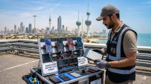 A technician conducting an outdoor Smartphone Battery Test in Kuwait on a rooftop, monitoring multiple mobile phones mounted on a diagnostic rig with digital meters, while holding a tablet. The Kuwait City skyline, featuring the iconic Kuwait Towers and skyscrapers, is visible in the background under a clear blue sky