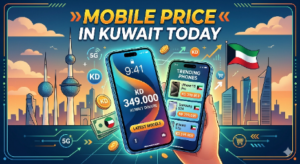 Mobile Price in Kuwait Today banner featuring smartphones, Kuwait skyline, 5G icons, and trending mobile prices in Kuwaiti Dinar (KD)