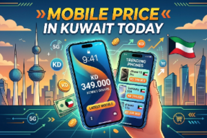 Mobile Price in Kuwait Today banner featuring smartphones, Kuwait skyline, 5G icons, and trending mobile prices in Kuwaiti Dinar (KD)