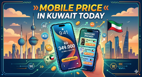 Mobile Price in Kuwait Today banner featuring smartphones, Kuwait skyline, 5G icons, and trending mobile prices in Kuwaiti Dinar (KD)