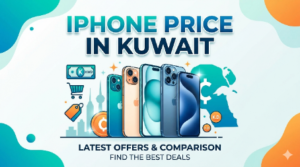 Promotional banner showcasing multiple iPhone models with the headline “IPhone Price in Kuwait ,” featuring Kuwait-themed graphics, shopping icons, and text highlighting the latest offers, price comparisons, and best deals in Kuwait.