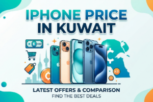 Promotional banner showcasing multiple iPhone models with the headline “iPhone Price in Kuwait,” featuring Kuwait-themed graphics, shopping icons, and text highlighting the latest offers, price comparisons, and best deals in Kuwait.