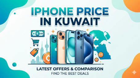 Promotional banner showcasing multiple iPhone models with the headline “iPhone Price in Kuwait,” featuring Kuwait-themed graphics, shopping icons, and text highlighting the latest offers, price comparisons, and best deals in Kuwait.