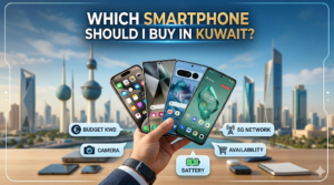 A hand holding a variety of modern smartphones is featured prominently against a blurred backdrop of the Kuwait city skyline, complete with the iconic Kuwait Towers and other skyscrapers. Large text at the top reads: 'Which Smartphone Should I Buy in Kuwait?'. Integrated around the scene are smaller infographic bubbles, referencing key buying factors like 'BUDGET KWD', 'CAMERA', '5G NETWORK', 'BATTERY', and 'AVAILABILITY
