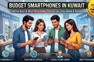 Illustration of shoppers comparing affordable smartphones in an electronics store, highlighting Budget Smartphones in Kuwait with a focus on affordability, features & specs, local store guides, and best-value brands under KWD 100 and KWD 150.